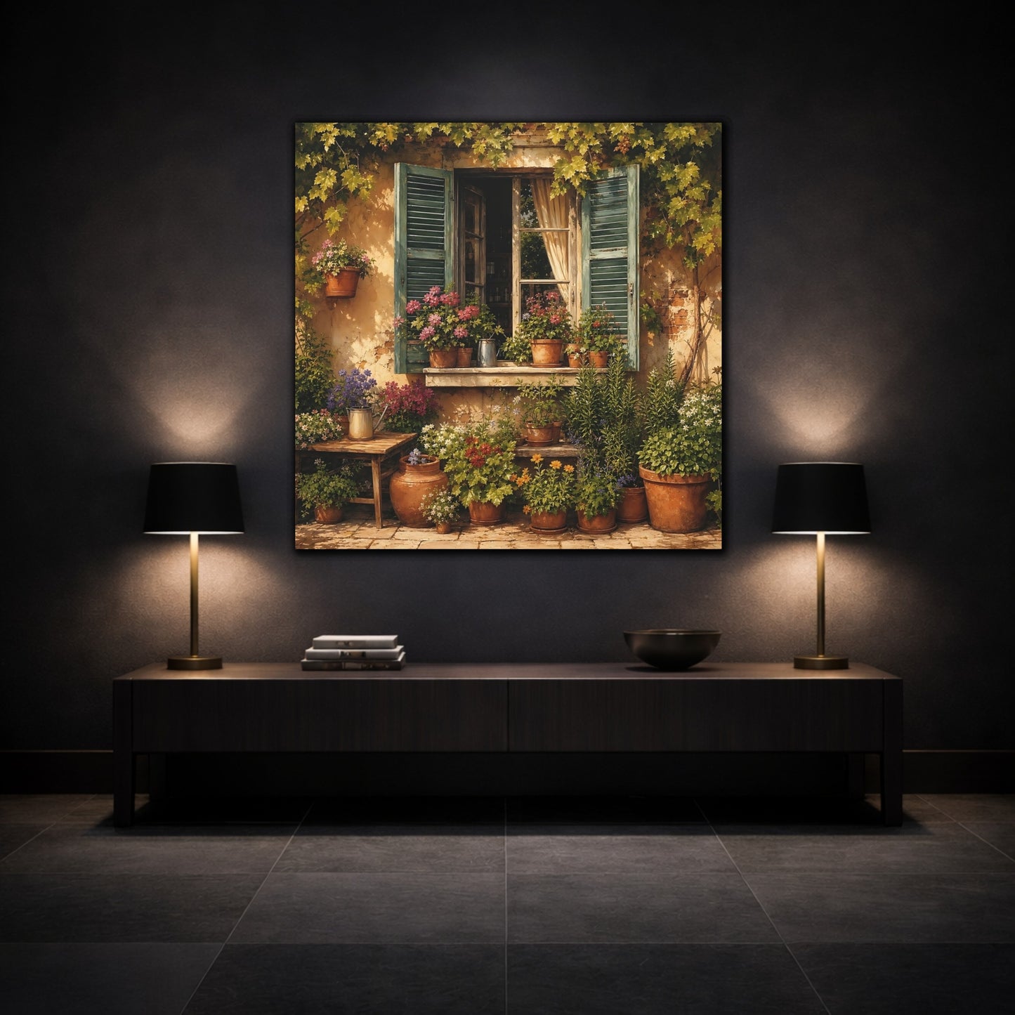 Mockup 3. Sunlit Painterly Realism Garden Window Filled With Plants shown as stretched canvas wall art