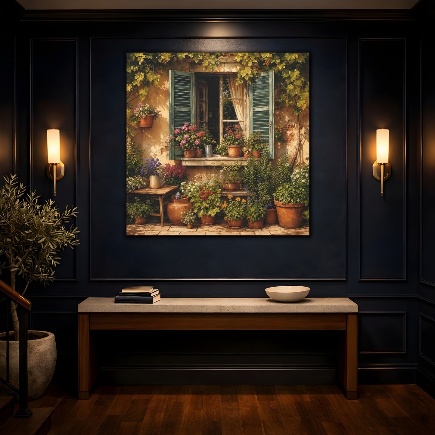 Mockup 4. Sunlit Painterly Realism Garden Window Filled With Plants shown as stretched canvas wall art