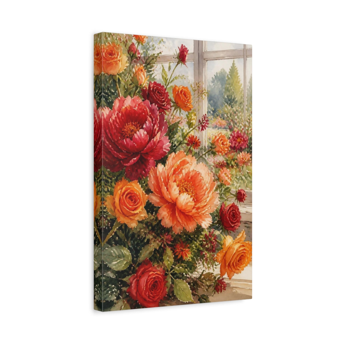 Side Mockup 4. Sunlit Peonies And Roses shown as canvas print