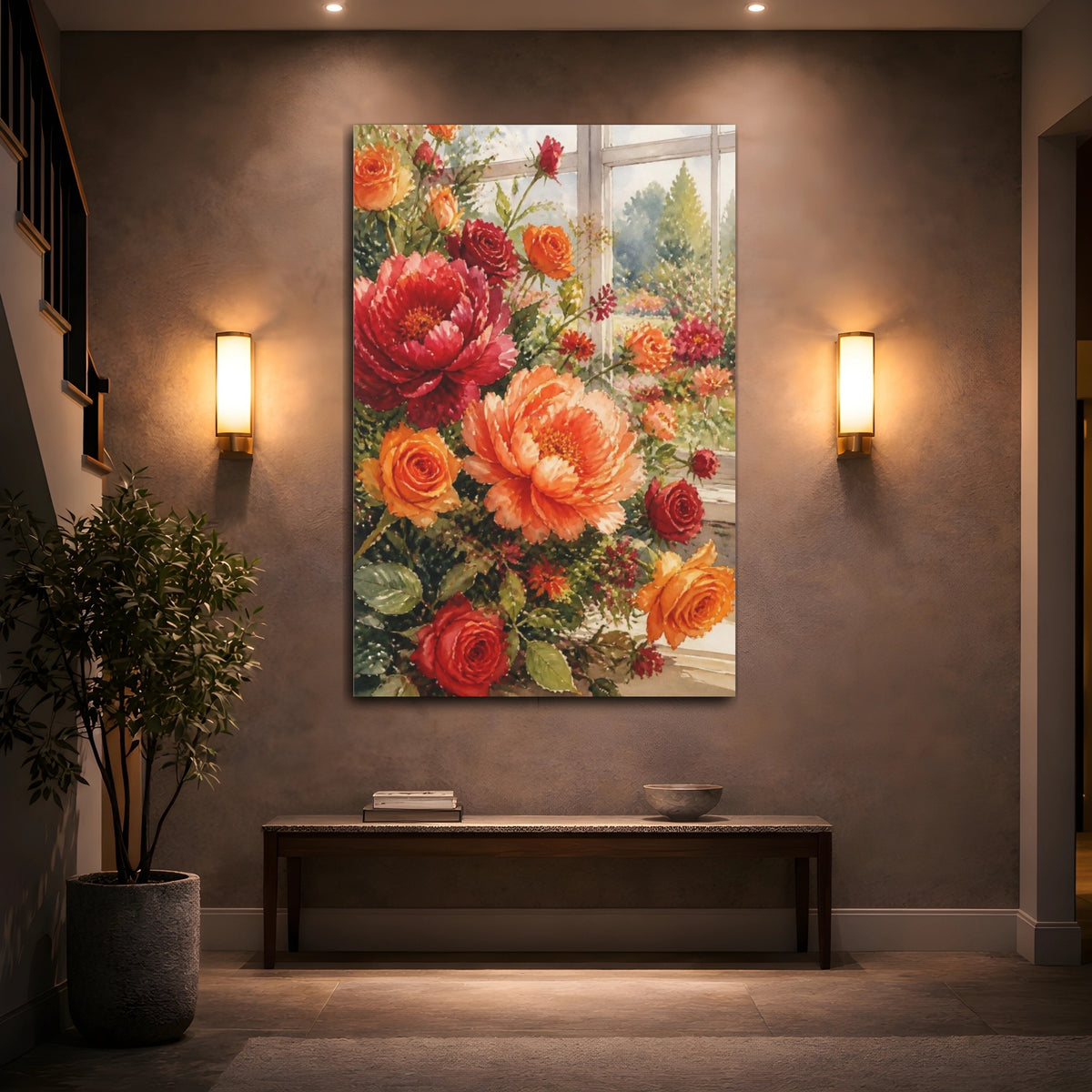 Mockup 2. Sunlit Peonies And Roses shown as canvas print