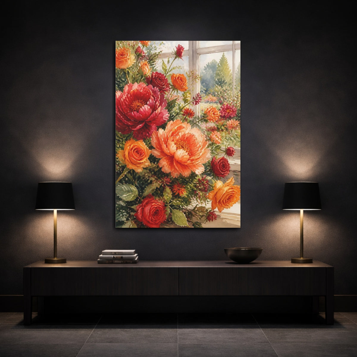 Mockup 3. Sunlit Peonies And Roses shown as canvas print