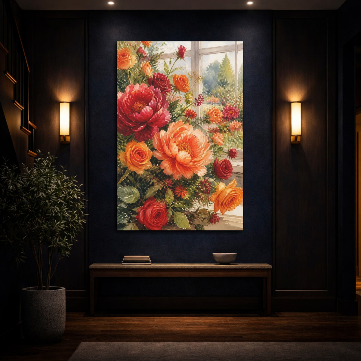 Mockup 4. Sunlit Peonies And Roses shown as canvas print