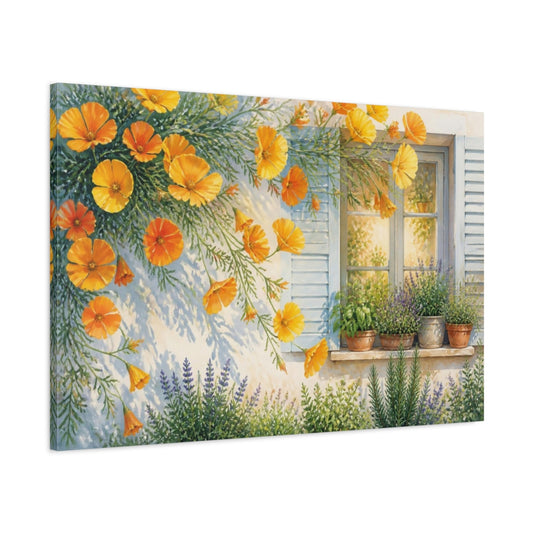 Main Mockup. Sunlit Poppies At Window shown as canvas print