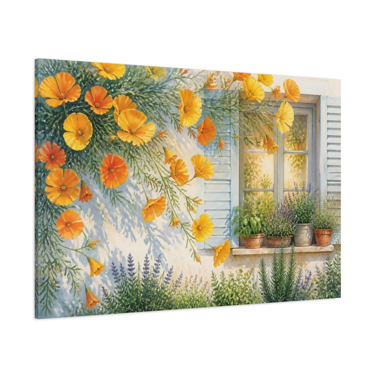 Side Mockup 1. Sunlit Poppies At Window shown as canvas print