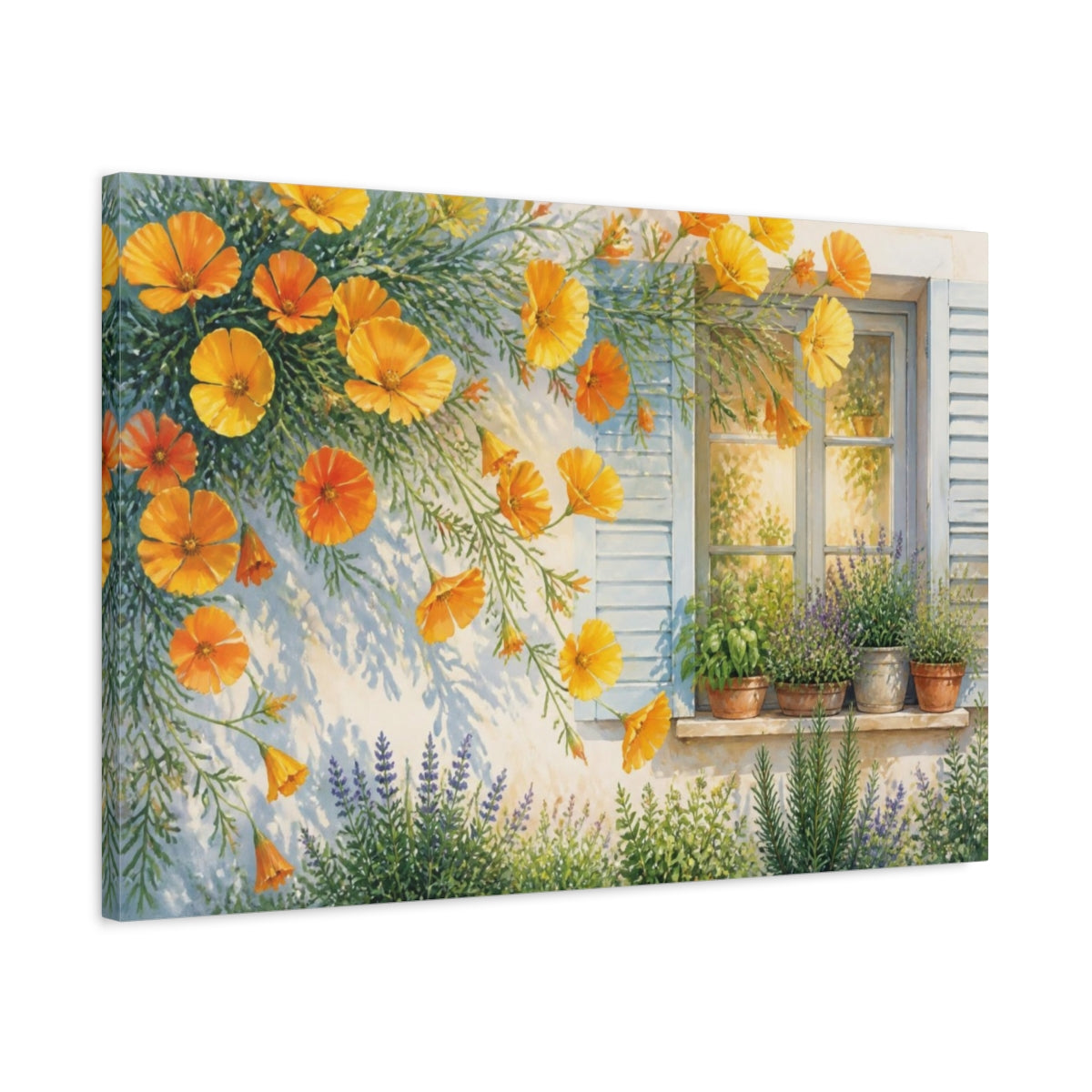 Side Mockup 2. Sunlit Poppies At Window shown as canvas print