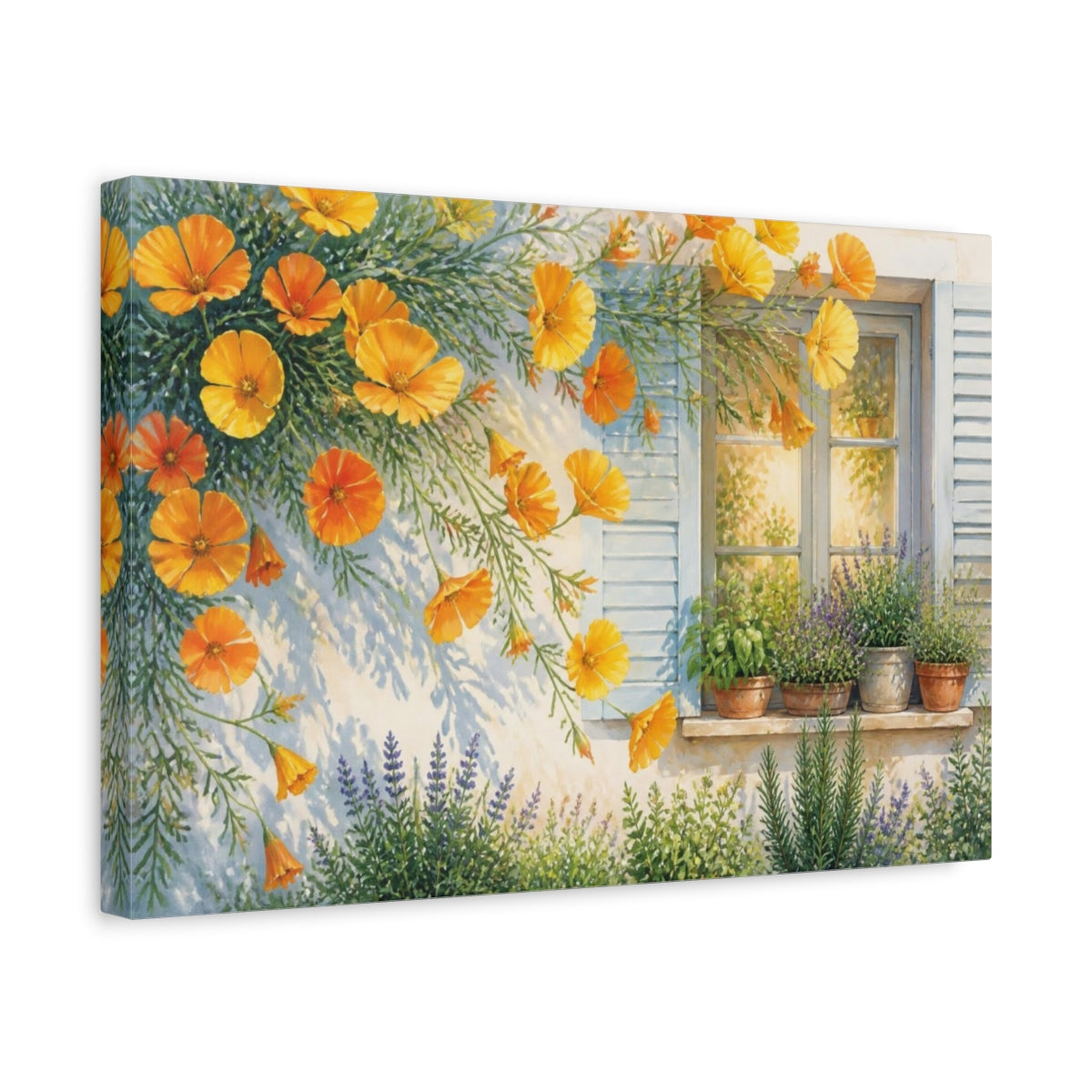 Side Mockup 4. Sunlit Poppies At Window shown as canvas print