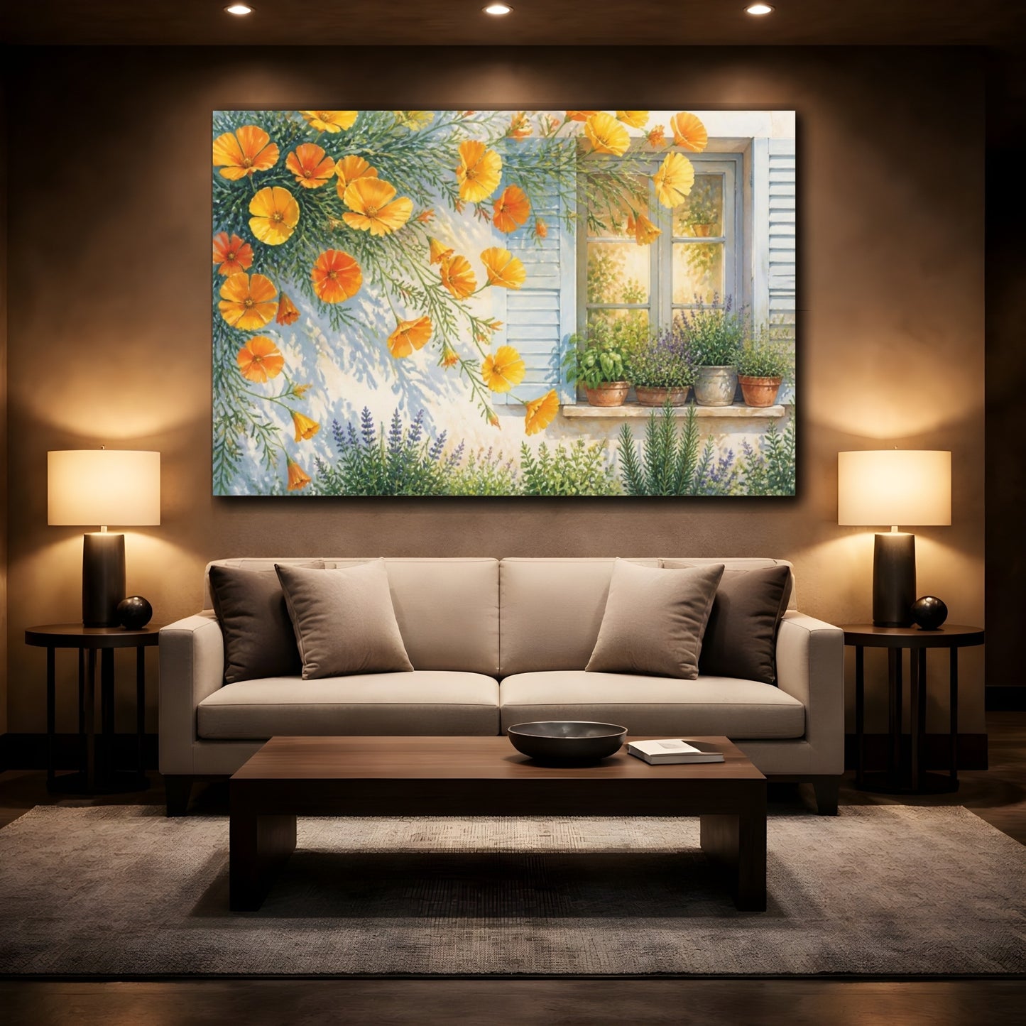 Mockup 2. Sunlit Poppies At Window shown as canvas print