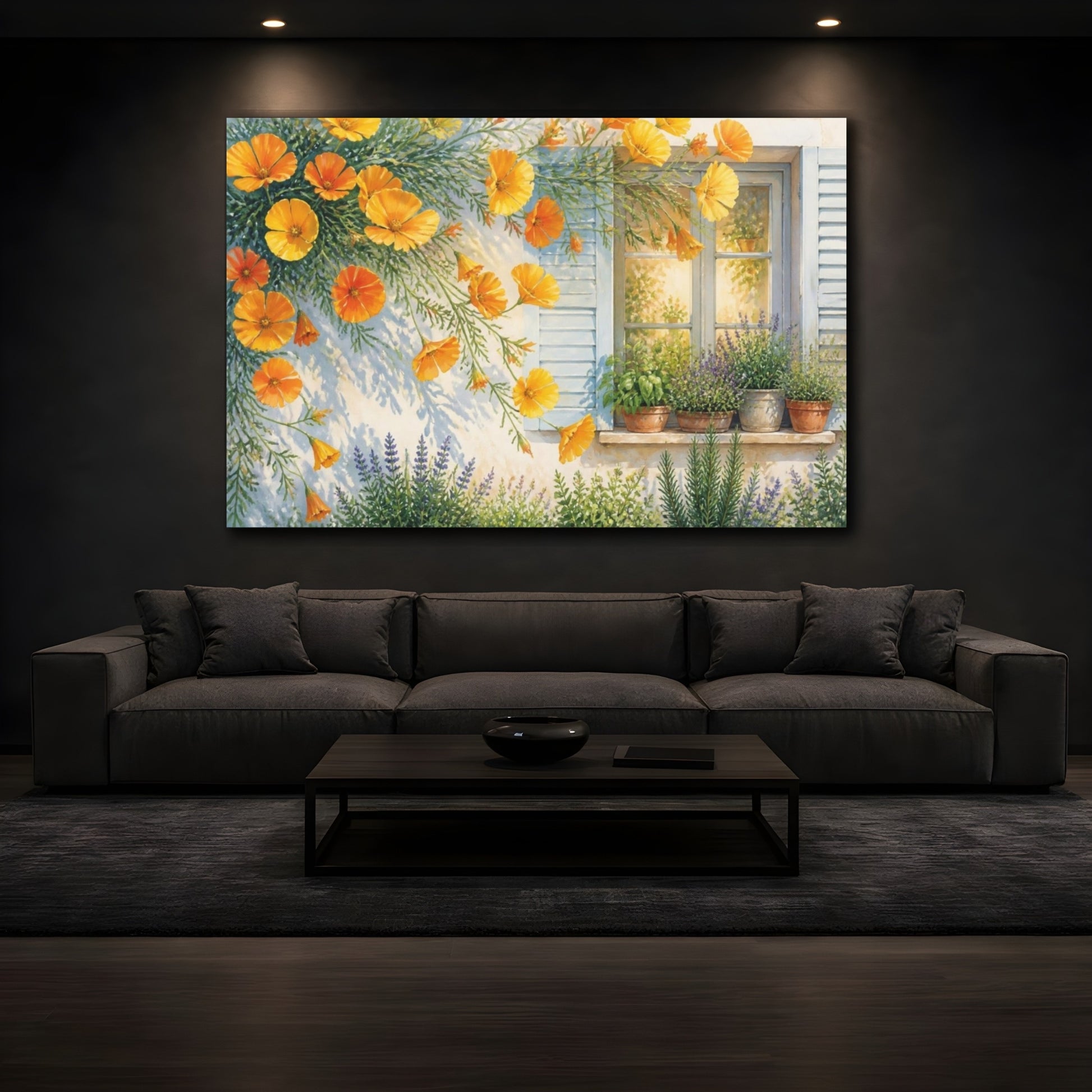 Mockup 3. Sunlit Poppies At Window shown as canvas print