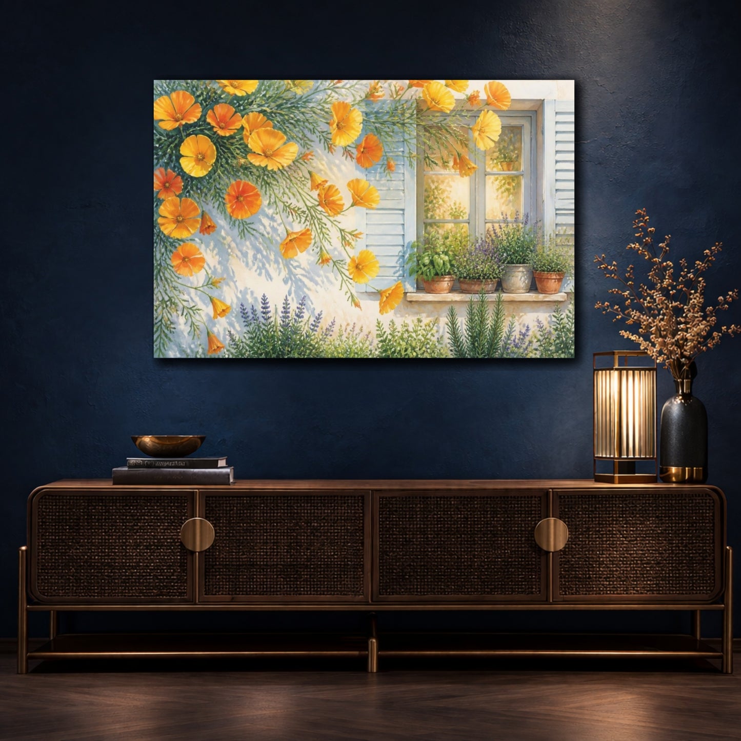 Mockup 4. Sunlit Poppies At Window shown as canvas print