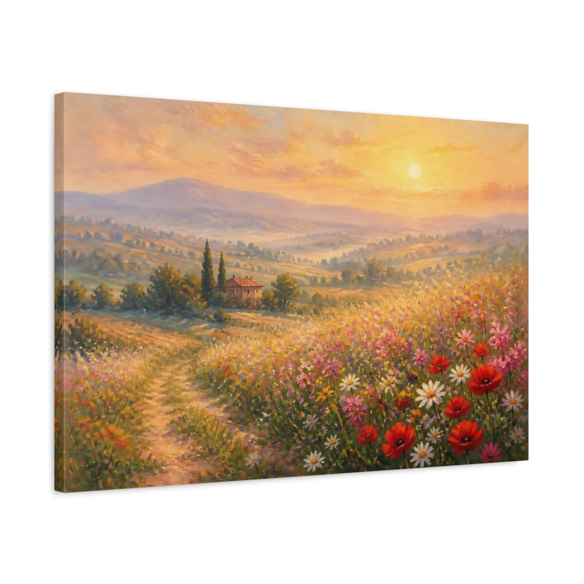 Side Mockup 2. Sunlit Poppy Meadow shown as canvas print