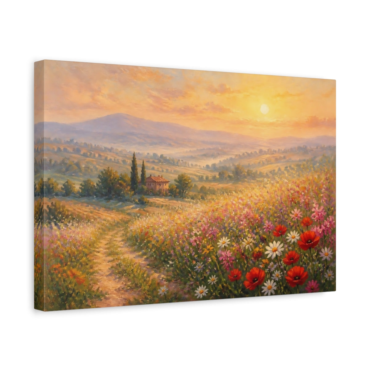 Side Mockup 4. Sunlit Poppy Meadow shown as canvas print