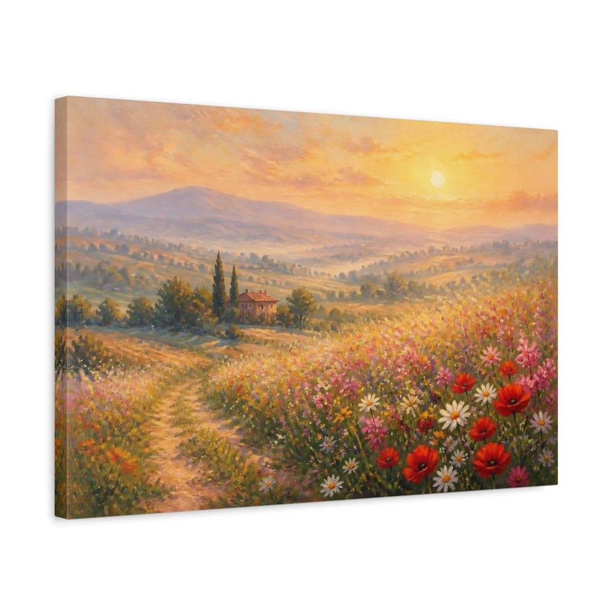 Side Mockup 3. Sunlit Poppy Meadow shown as canvas print