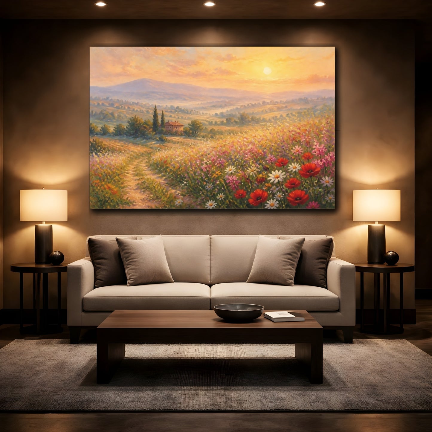 Mockup 2. Sunlit Poppy Meadow shown as canvas print