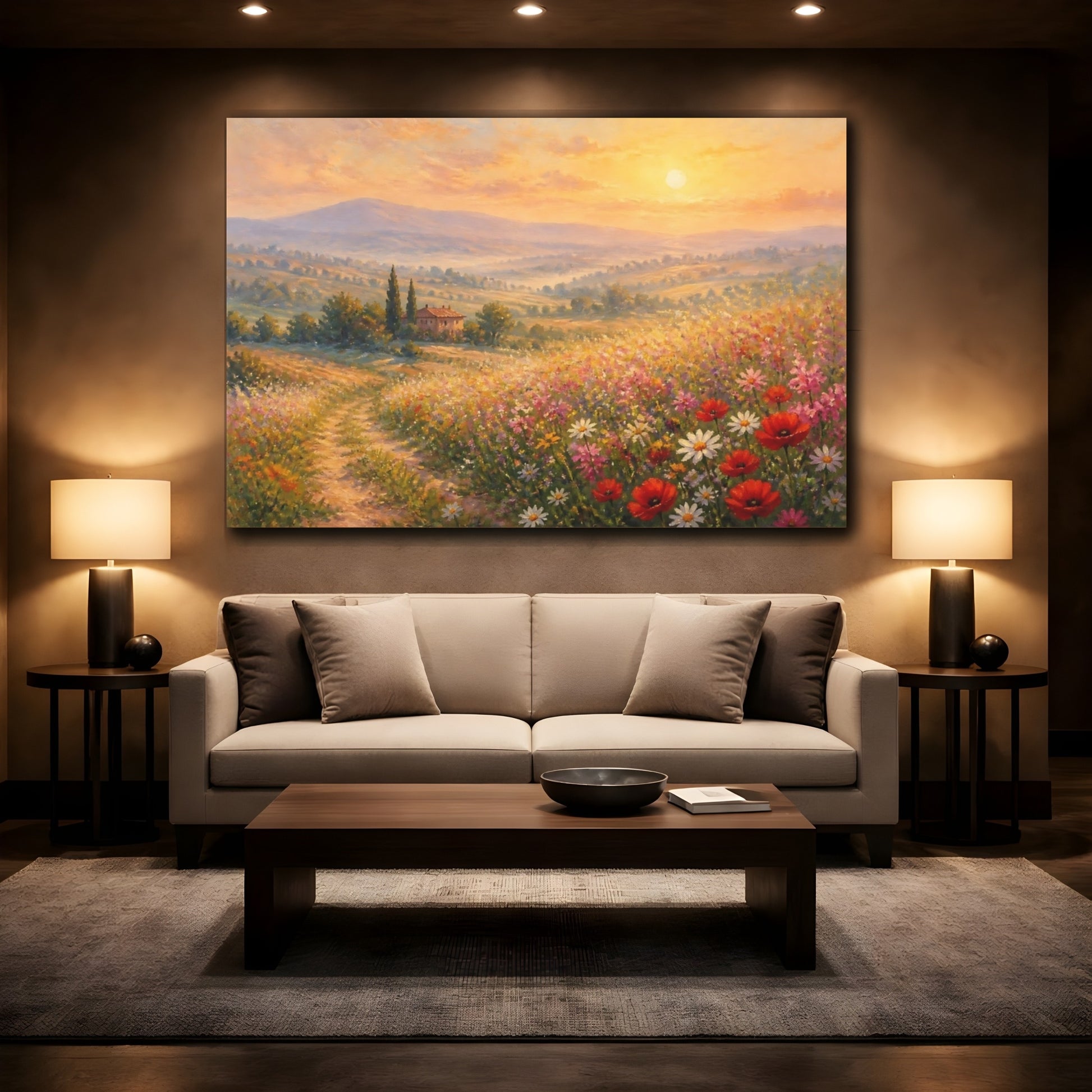 Mockup 2. Sunlit Poppy Meadow shown as canvas print