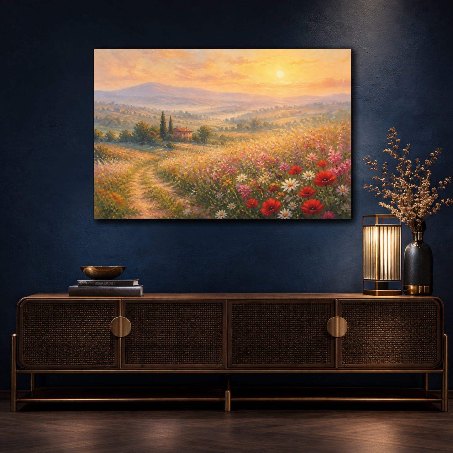 Mockup 4. Sunlit Poppy Meadow shown as canvas print