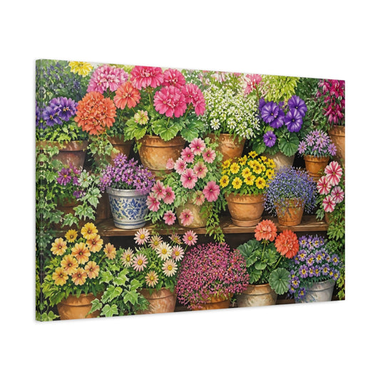 Main Mockup. Sunlit Potted Flower Shelf shown as canvas print