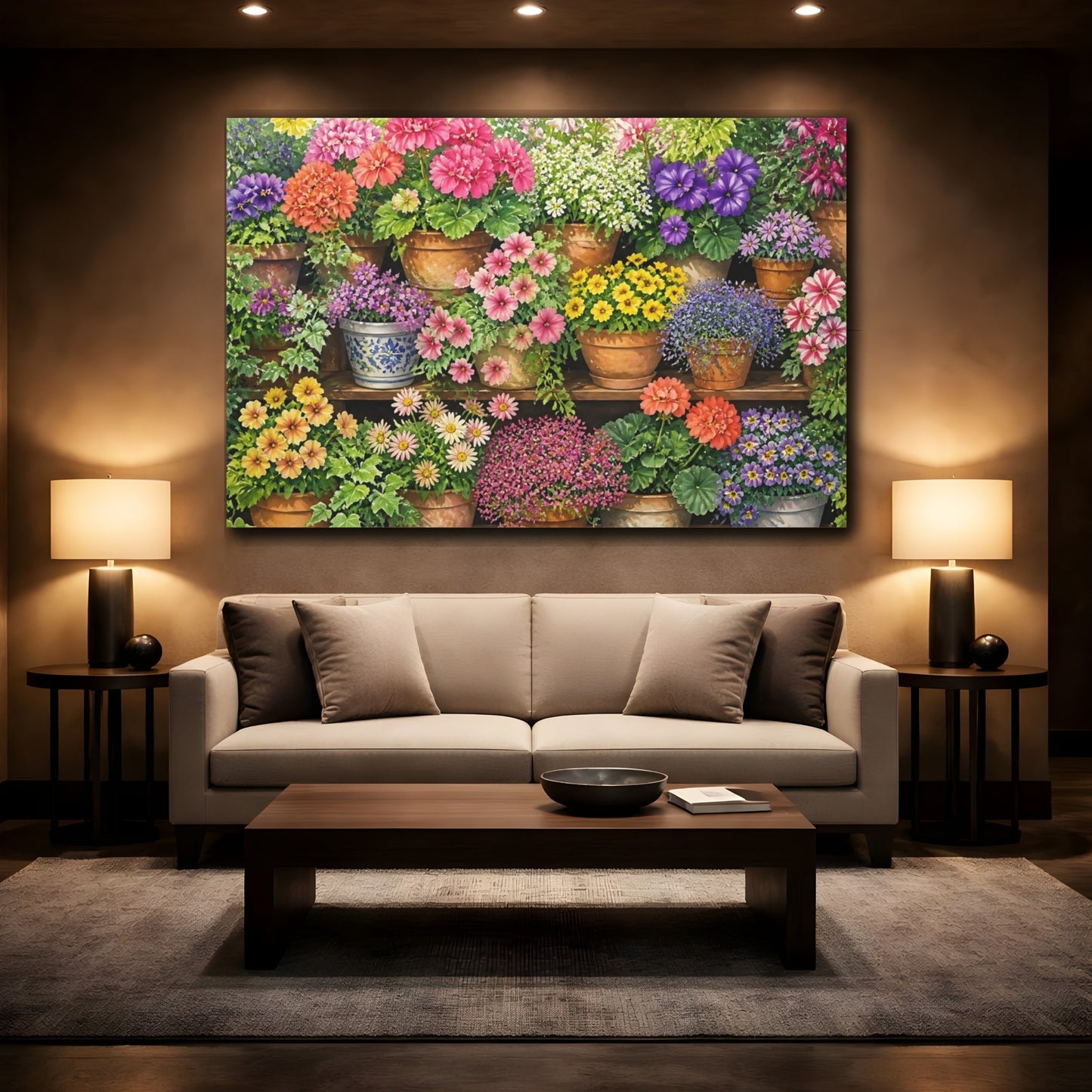 Mockup 2. Sunlit Potted Flower Shelf shown as canvas print