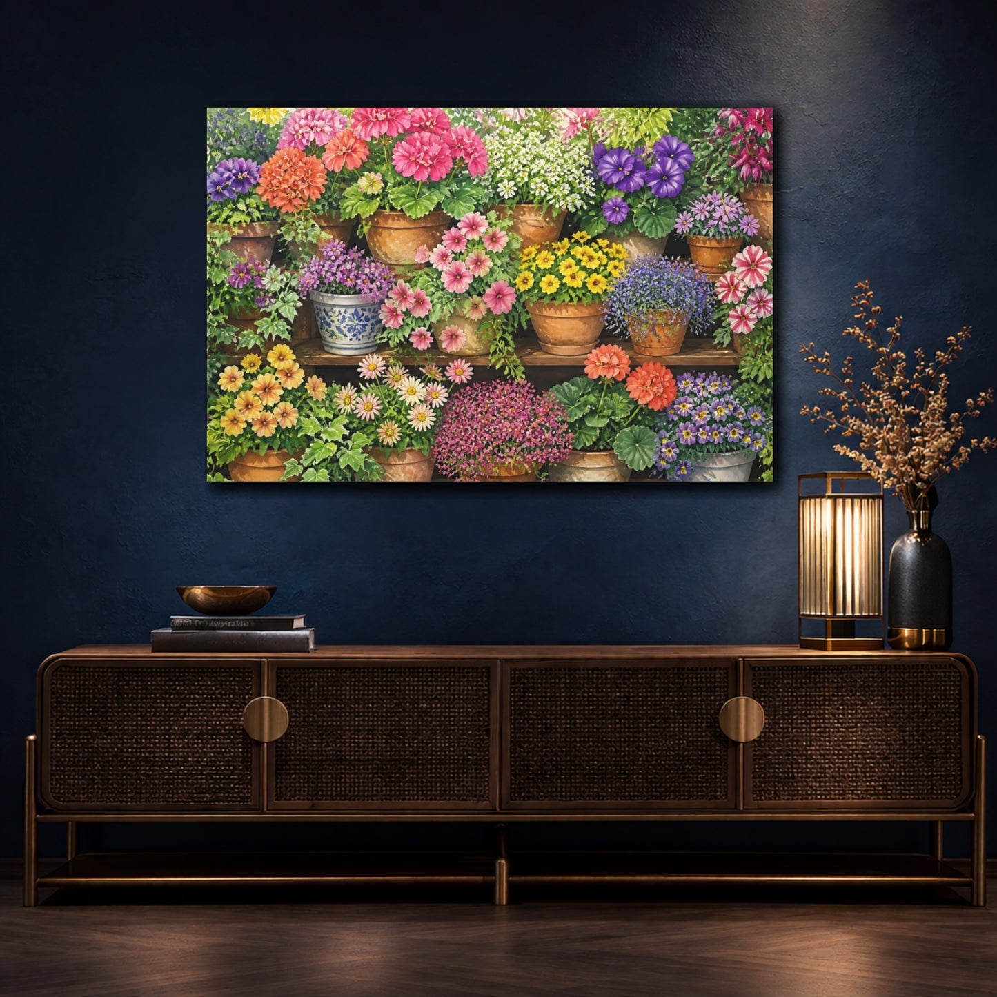 Mockup 4. Sunlit Potted Flower Shelf shown as canvas print