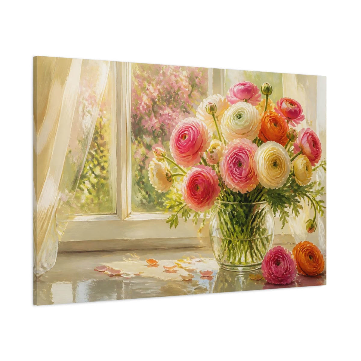 Side Mockup 1. Sunlit Ranunculus Bouquet shown as canvas print