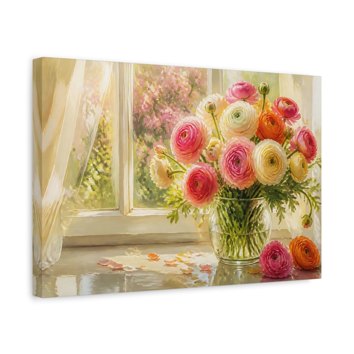 Side Mockup 4. Sunlit Ranunculus Bouquet shown as canvas print
