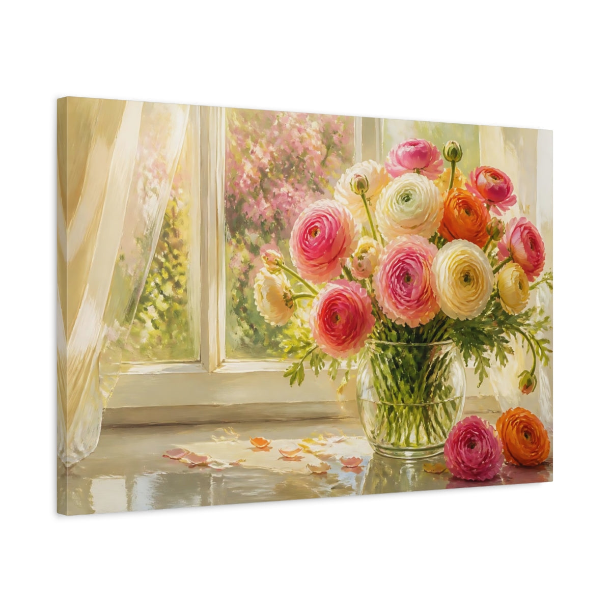Side Mockup 2. Sunlit Ranunculus Bouquet shown as canvas print