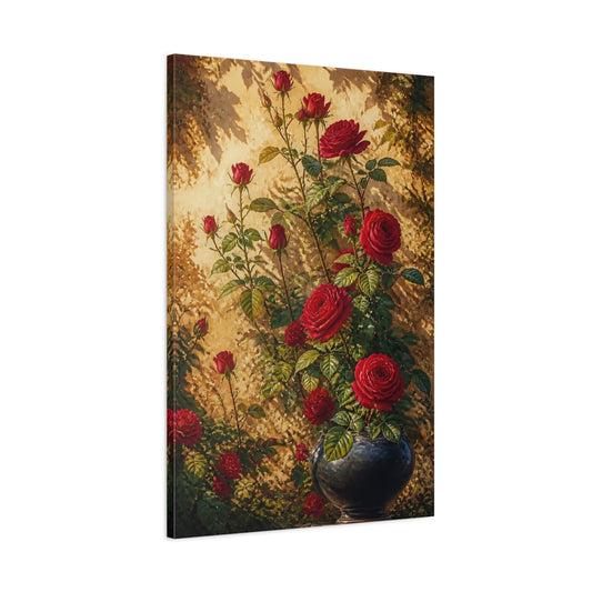 Main Mockup. Sunlit Red Roses In Vase shown as canvas print