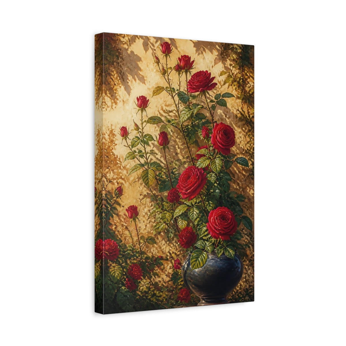 Side Mockup 4. Sunlit Red Roses In Vase shown as canvas print