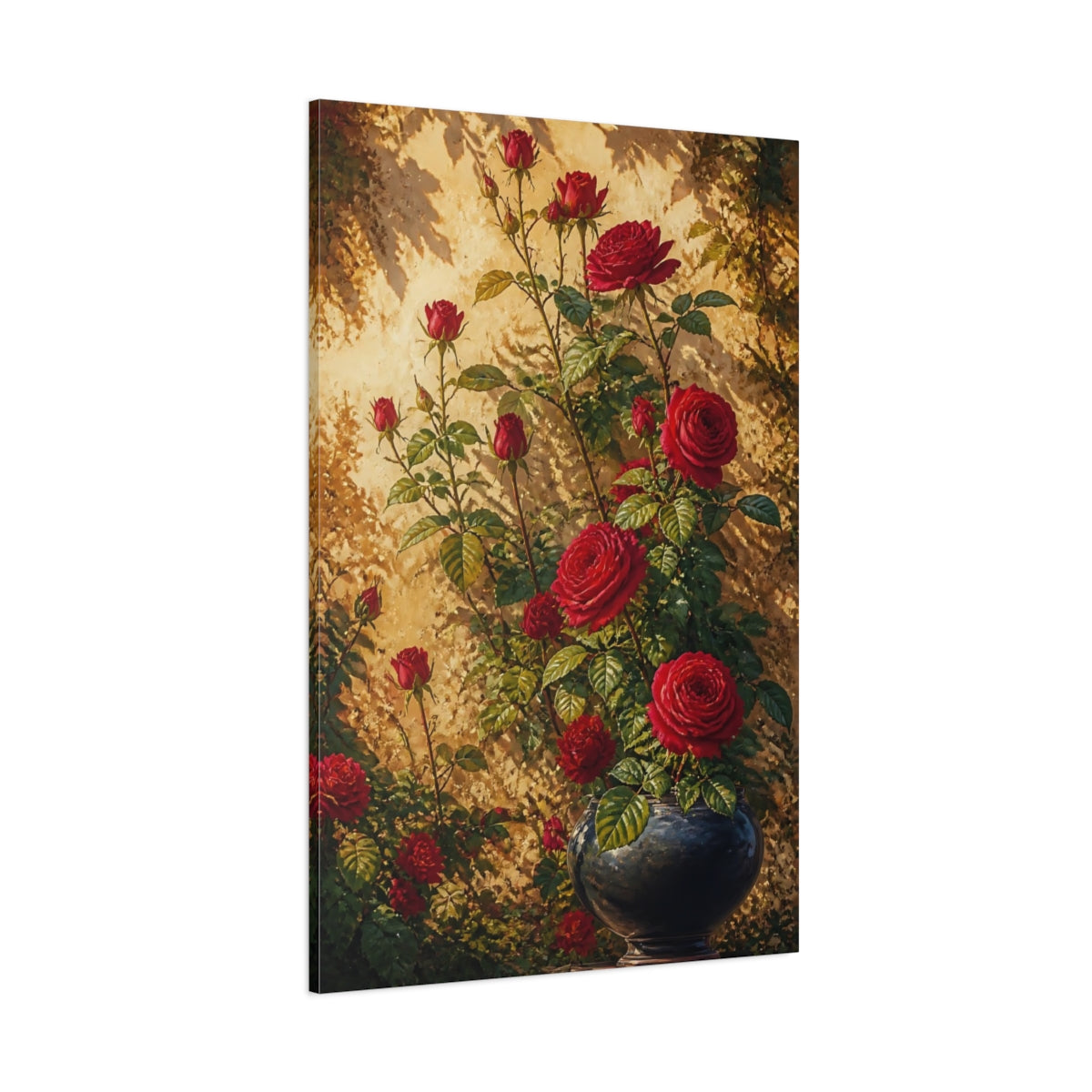 Side Mockup 1. Sunlit Red Roses In Vase shown as canvas print