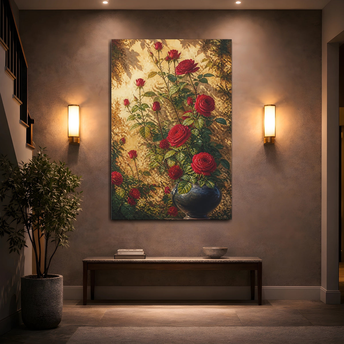 Mockup 2. Sunlit Red Roses In Vase shown as canvas print