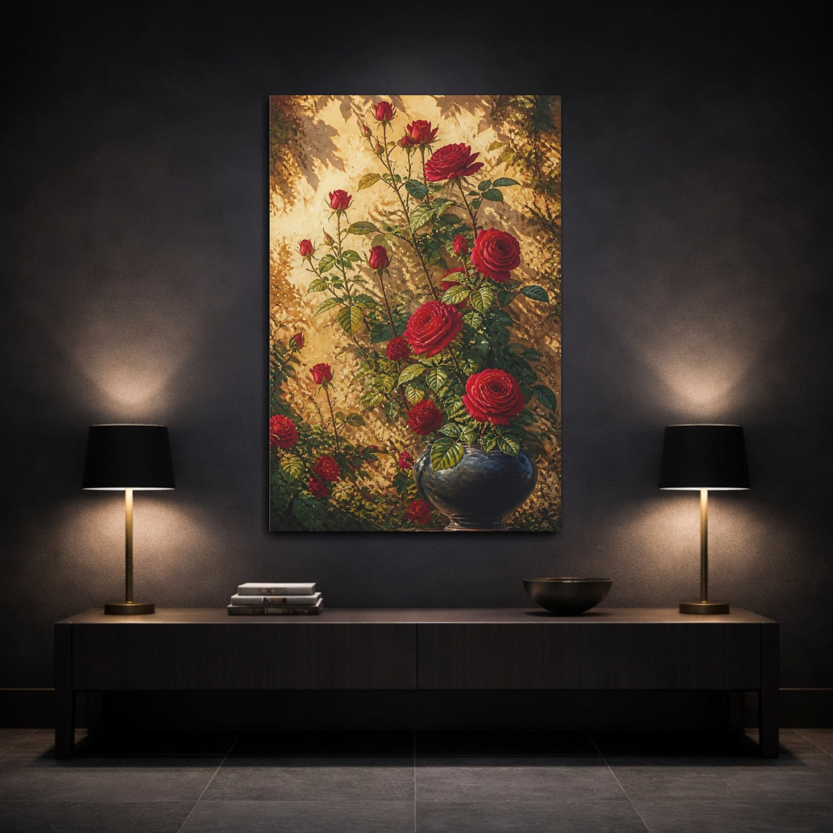 Mockup 3. Sunlit Red Roses In Vase shown as canvas print