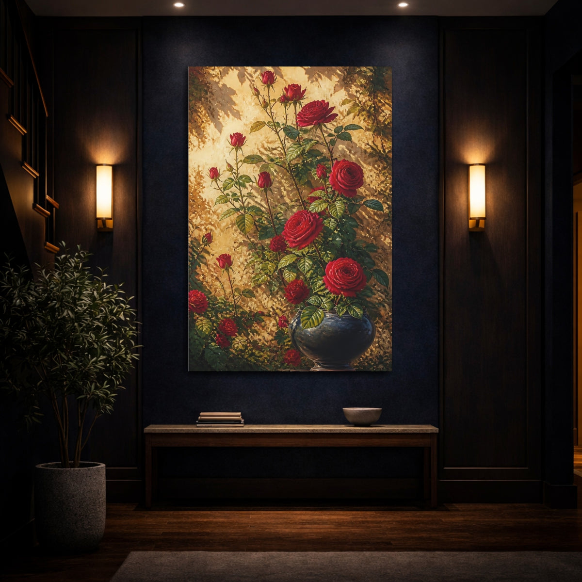 Mockup 4. Sunlit Red Roses In Vase shown as canvas print