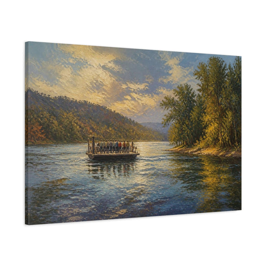 Main Mockup. Sunlit River Ferry Crossing shown as canvas print
