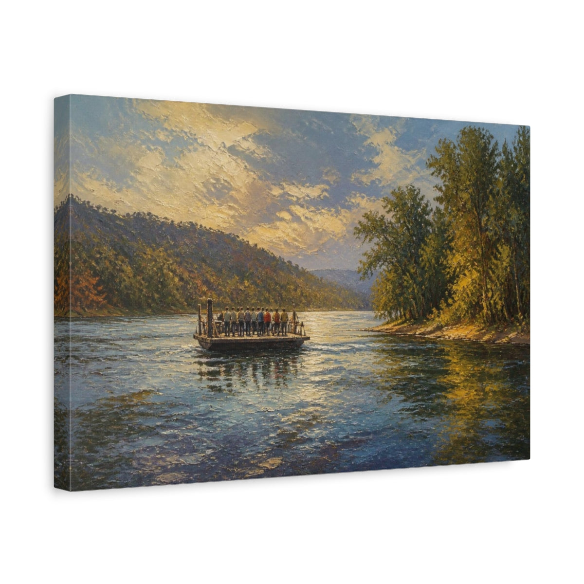 Side Mockup 4. Sunlit River Ferry Crossing shown as canvas print