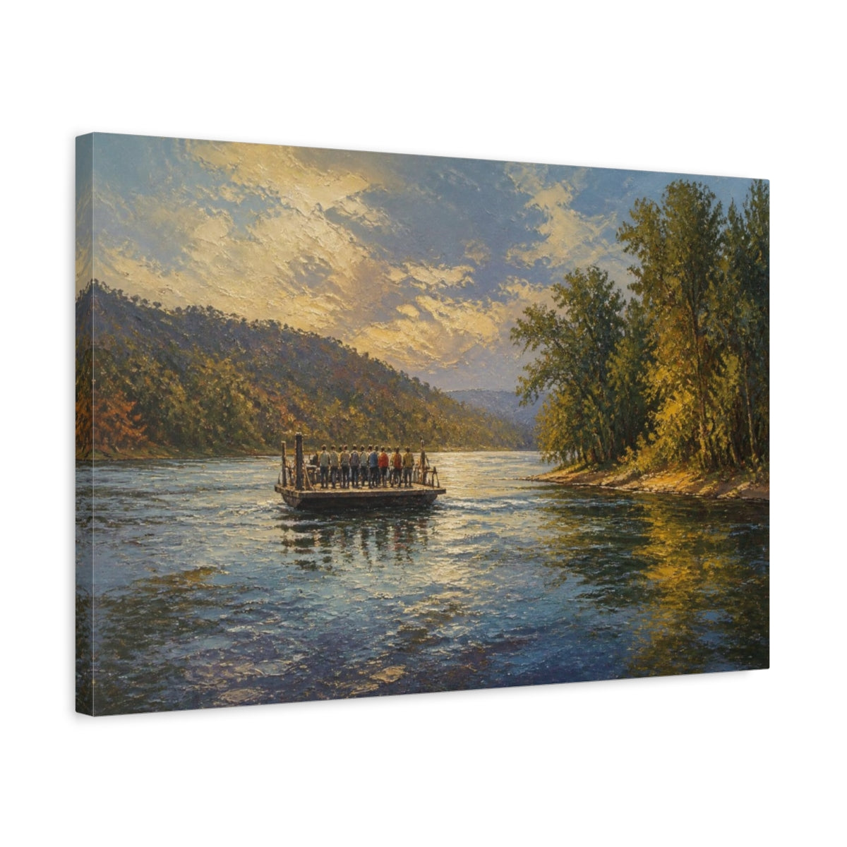 Side Mockup 3. Sunlit River Ferry Crossing shown as canvas print