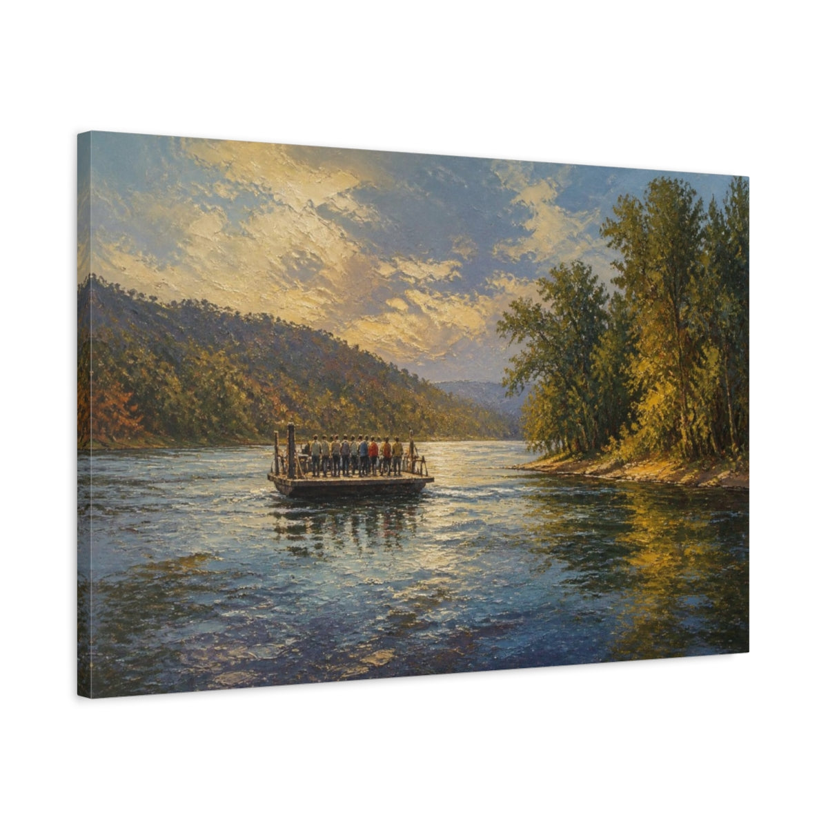 Side Mockup 2. Sunlit River Ferry Crossing shown as canvas print