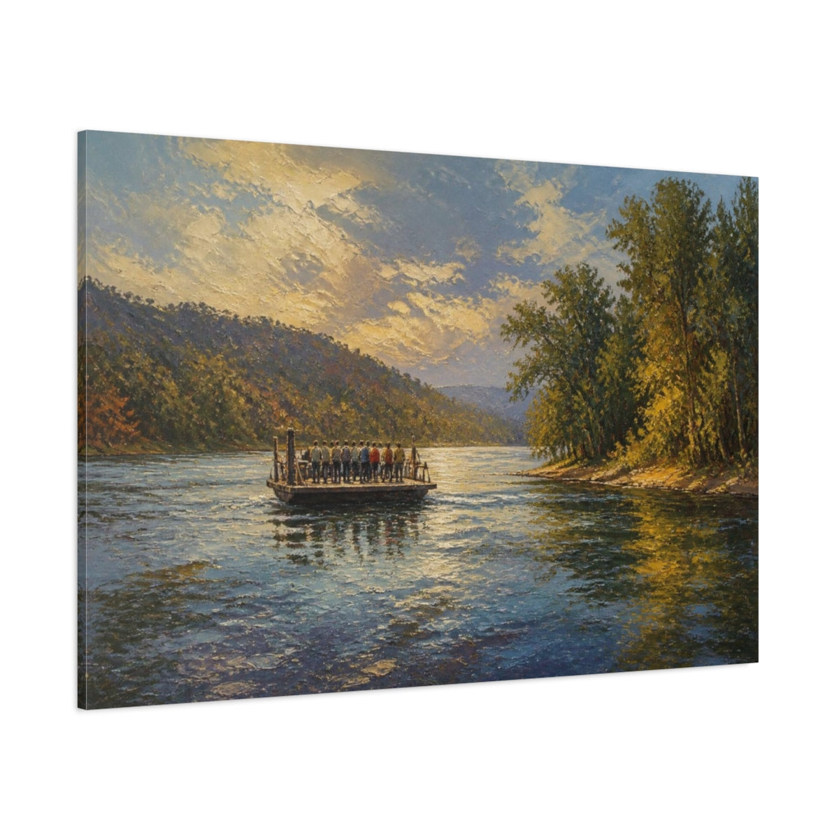Side Mockup 1. Sunlit River Ferry Crossing shown as canvas print