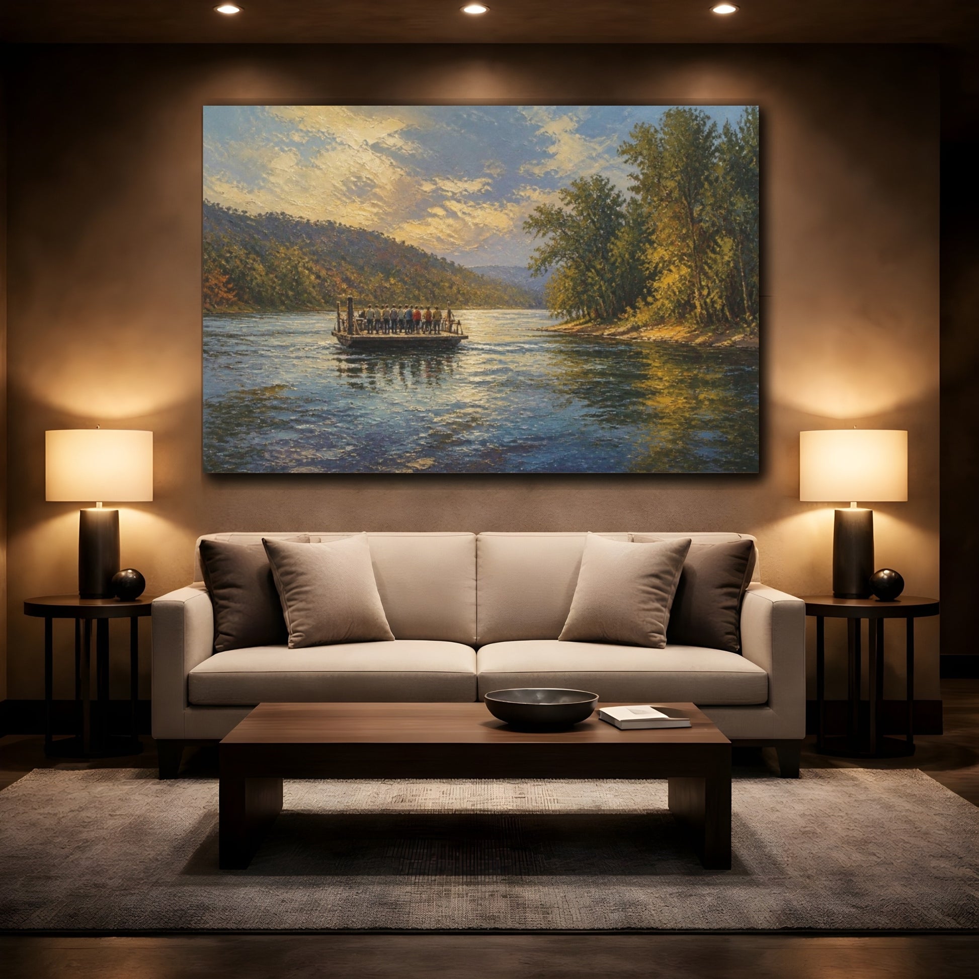 Mockup 2. Sunlit River Ferry Crossing shown as canvas print