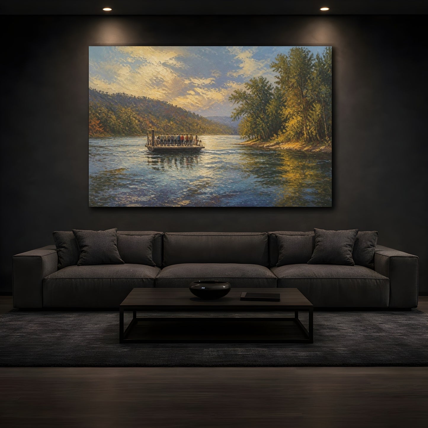 Mockup 3. Sunlit River Ferry Crossing shown as canvas print