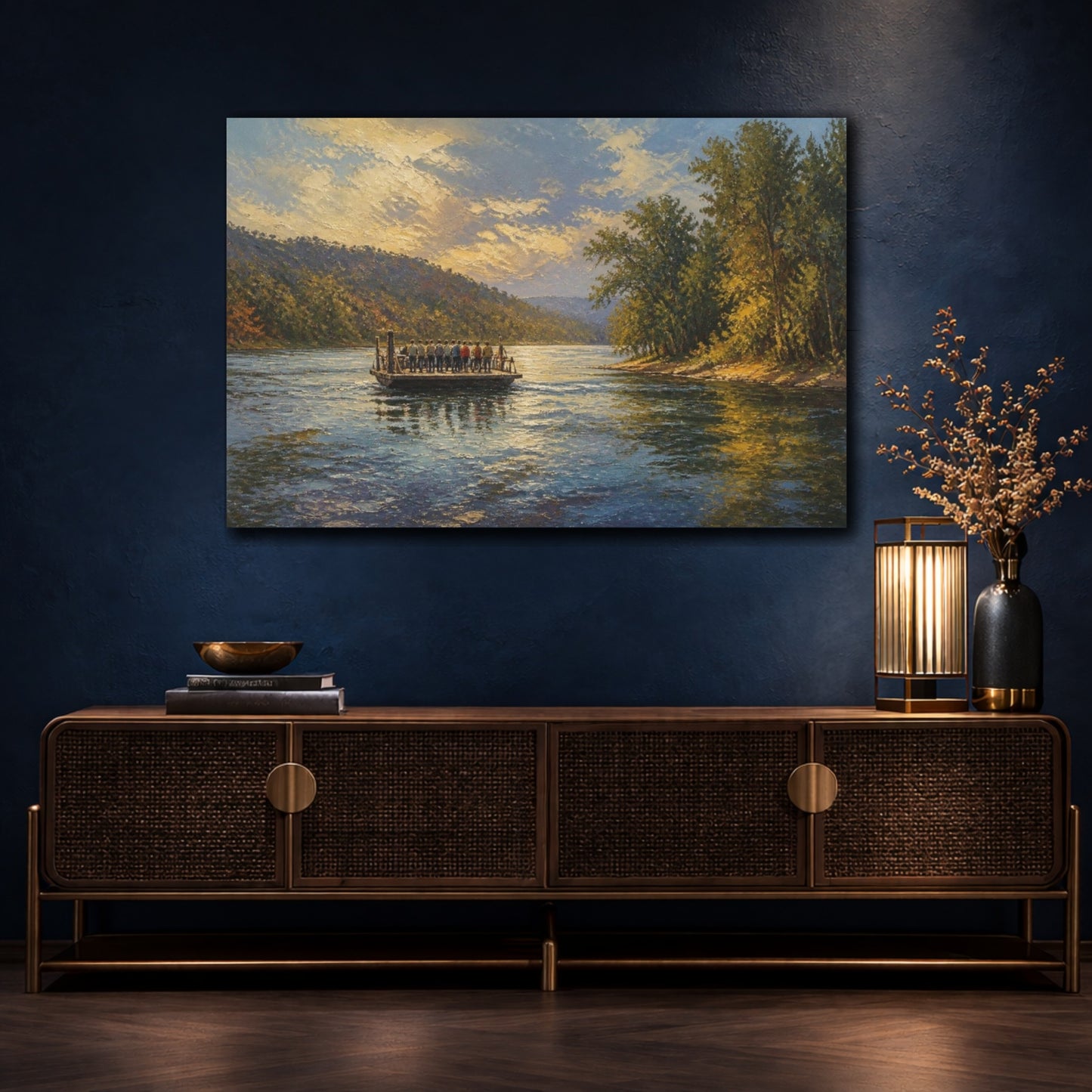 Mockup 4. Sunlit River Ferry Crossing shown as canvas print