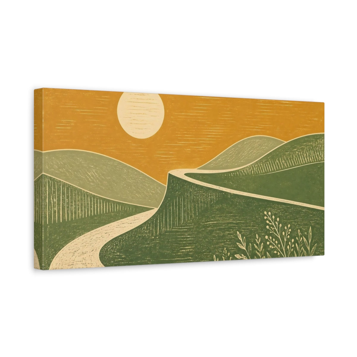 Side Mockup 3. Sunlit Rolling Hills shown as canvas print