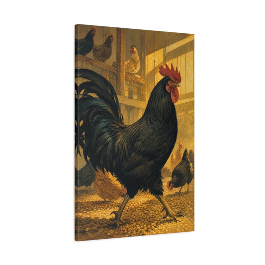 Sunlit Rooster In Barn Canvas Print – Kitchen, Above Counter, Golden & Black - YesArtYes
