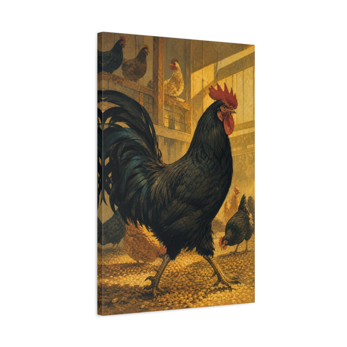 Side Mockup 2. Sunlit Rooster In Barn shown as canvas print