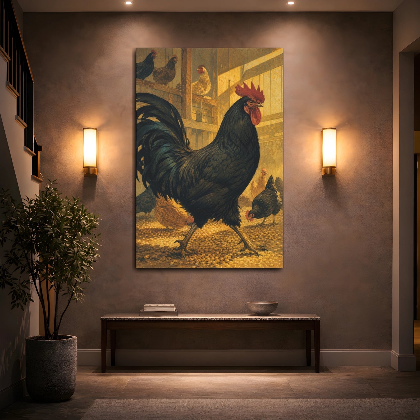 Mockup 2. Sunlit Rooster In Barn shown as canvas print