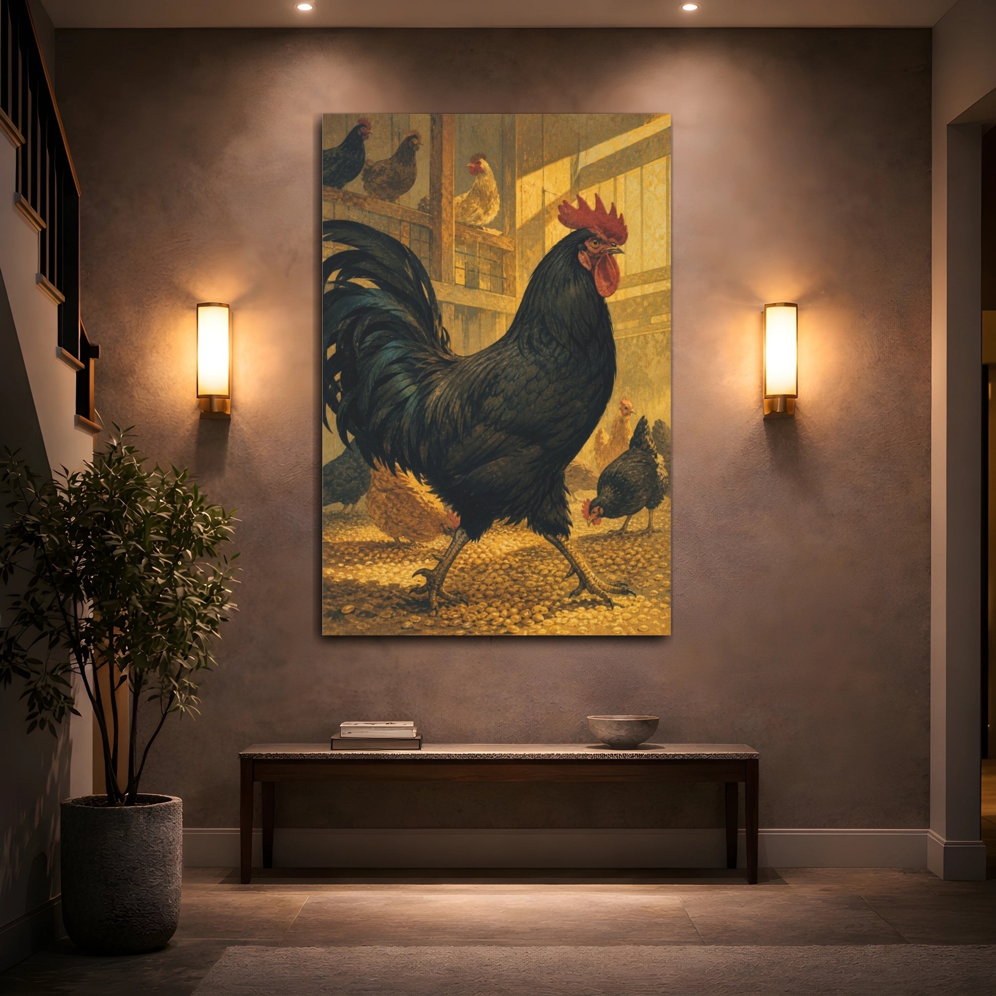 Mockup 2. Sunlit Rooster In Barn shown as canvas print