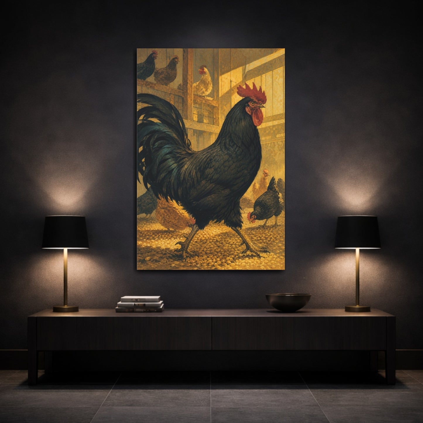 Mockup 3. Sunlit Rooster In Barn shown as canvas print