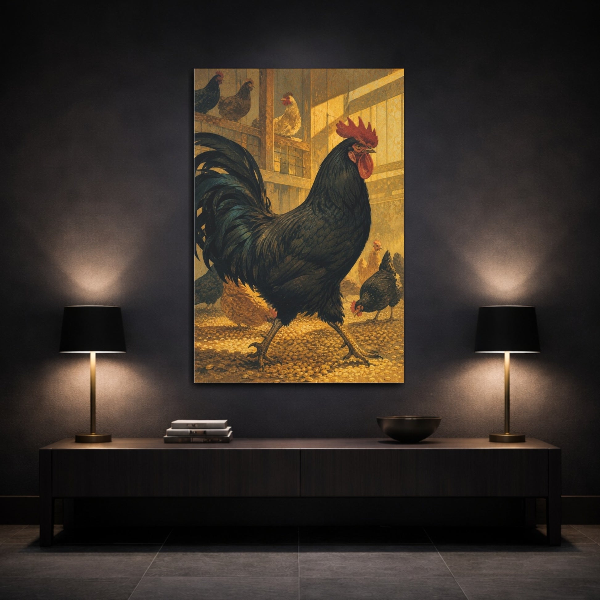 Mockup 3. Sunlit Rooster In Barn shown as canvas print