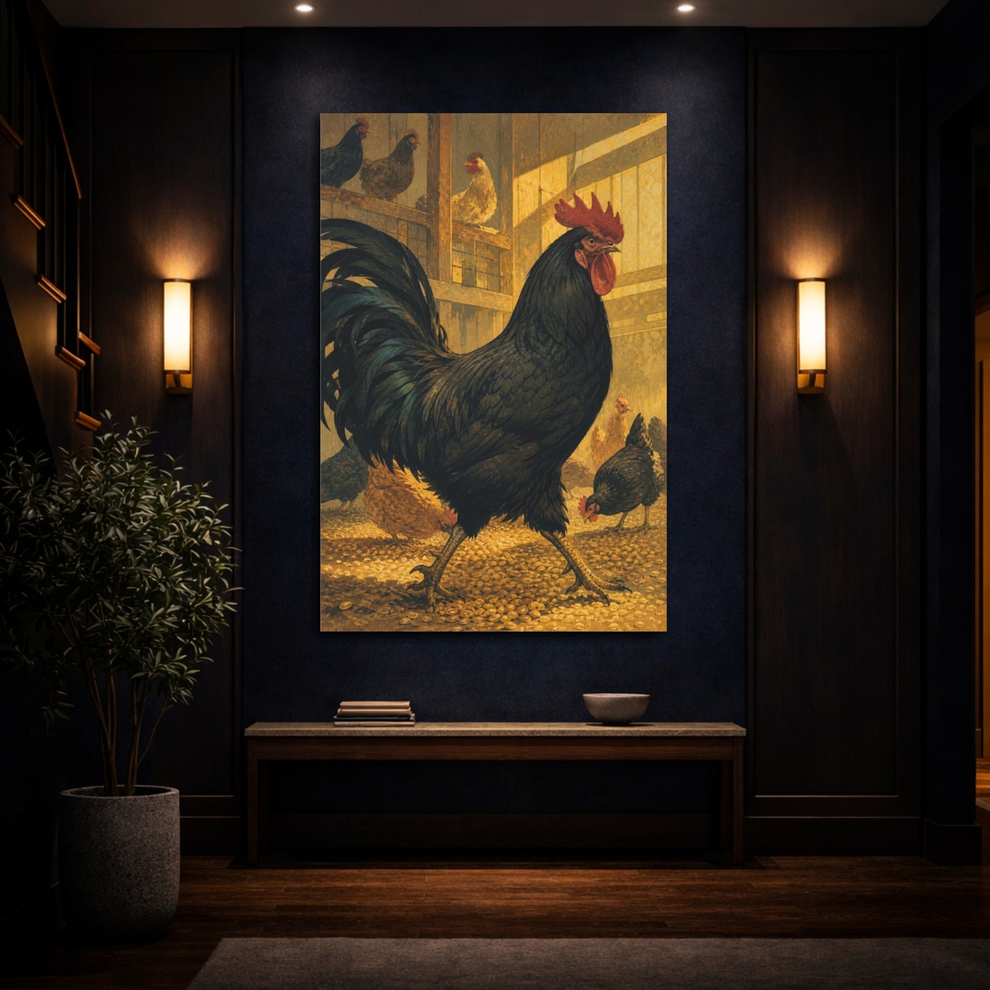 Mockup 4. Sunlit Rooster In Barn shown as canvas print