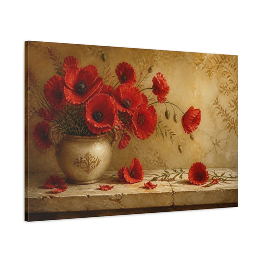 Main Mockup. Sunlit Ruby Poppies shown as canvas print