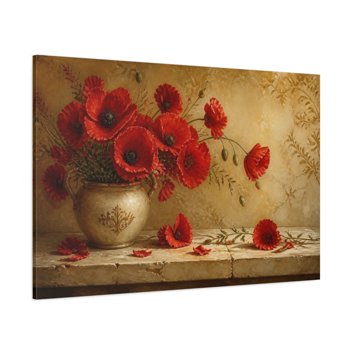 Side Mockup 1. Sunlit Ruby Poppies shown as canvas print