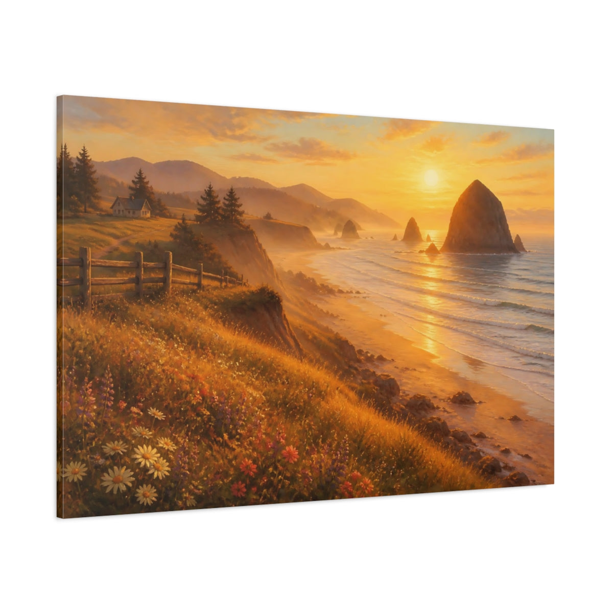 Side Mockup 1. Sunlit Sea Stack shown as canvas print